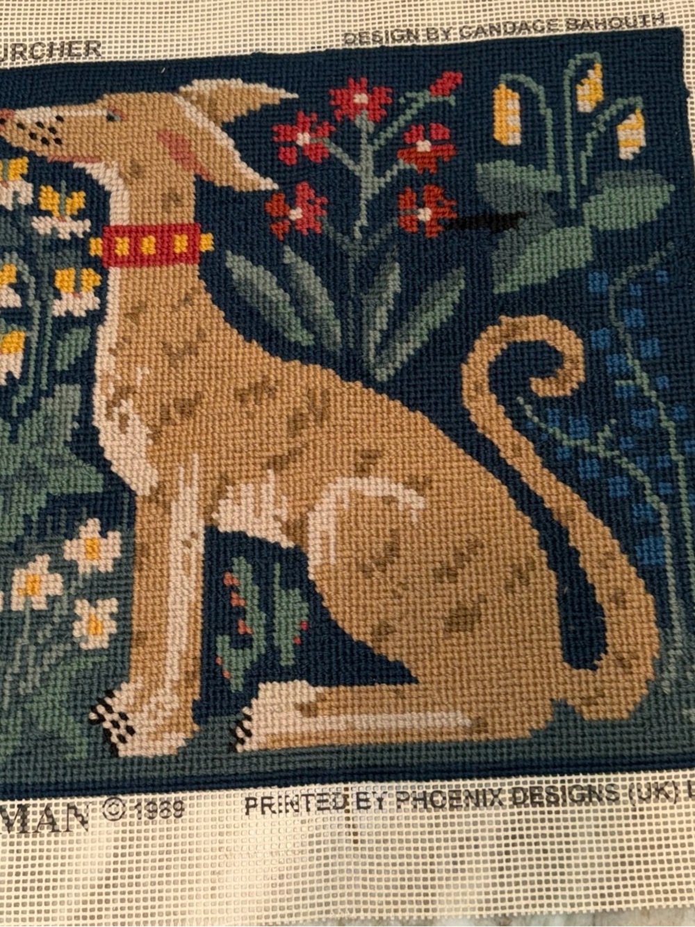 Phoenix Designs Handmade Needlepoint Dog with Raw Edge Cotton 16” x 16” VTG